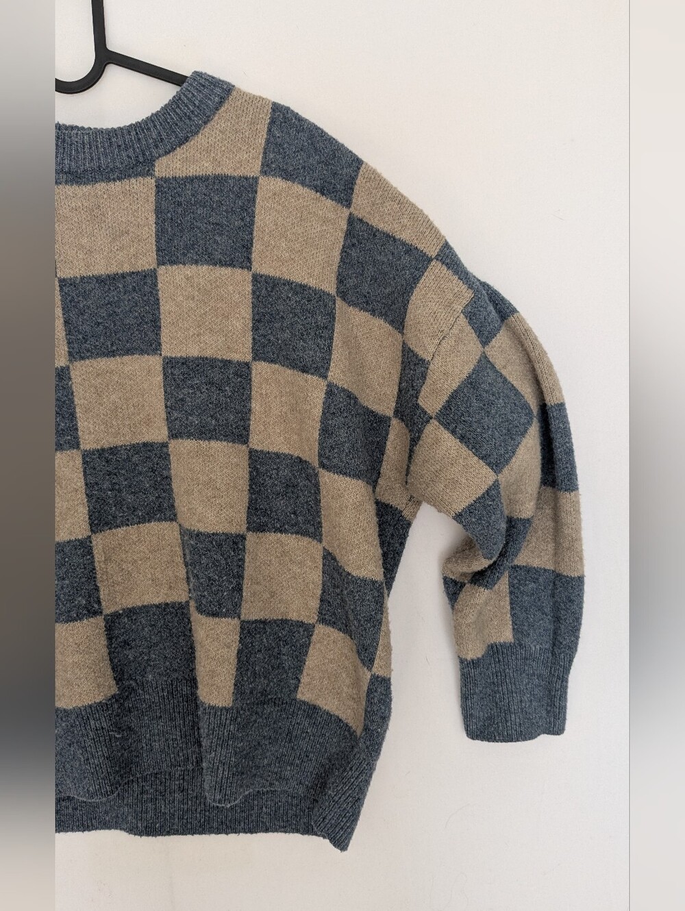 OAK + FORT Checkerboard Crewneck Sweater Blue and Tan Womens Size SP